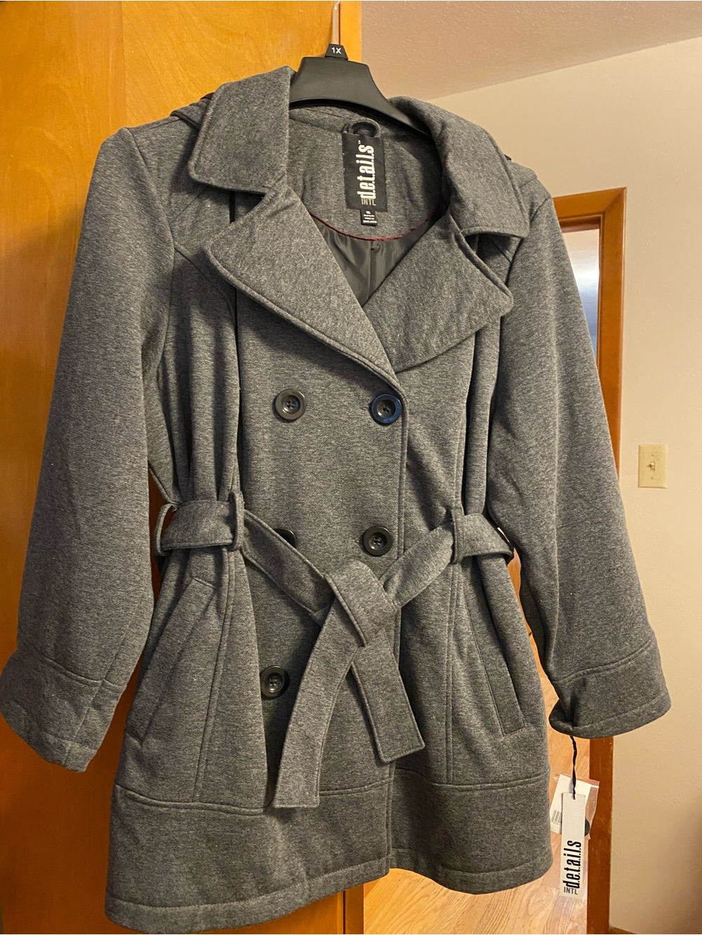 Details INTL Charcoal Gray Double-Breasted Belted Trench Coat